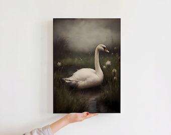 Dark Swan Oil Painting Print | Vintage Cottagecore Art | Grassy Setting Canvas Print