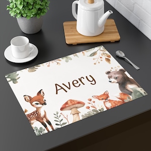 Children&#39;s Forest Animal Cotton Washable Placemat - Custom Woodland Name Mat - Kids Dining Decor - 18x14