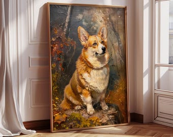 Unframed Vintage Corgi Oil Painting Print - Charming Dog Art Poster, Matte Finish, Nature Scene, Home Decor
