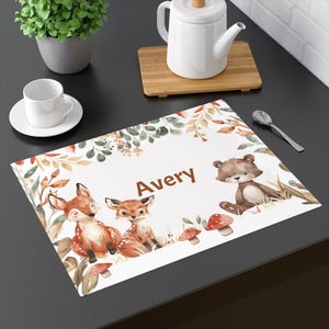 Custom Woodland Creatures Children&#39;s Name Washable Placemat - 18 inch x 14 inch - Single-Sided Design