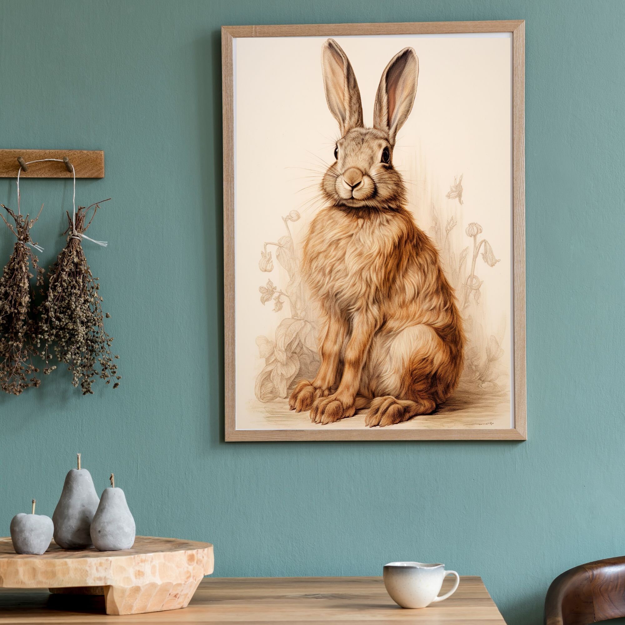 Vintage Brown Bunny Painting Floral Rabbit Portrait Animal Art Print ...