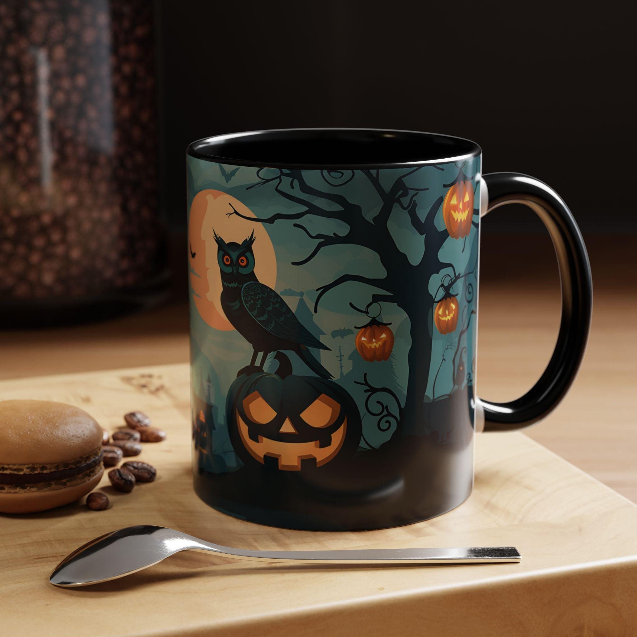 Halloween Owl Mug - Spooky Owl Coffee Mug - 11 and 15 Oz Accent Mug with Haunted Mansion & Jack 