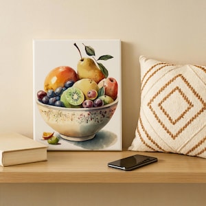 Vintage Fruit Bowl Watercolor Art Print - Rustic Farmhouse Decor - Kitchen Wall Art - Canvas Print