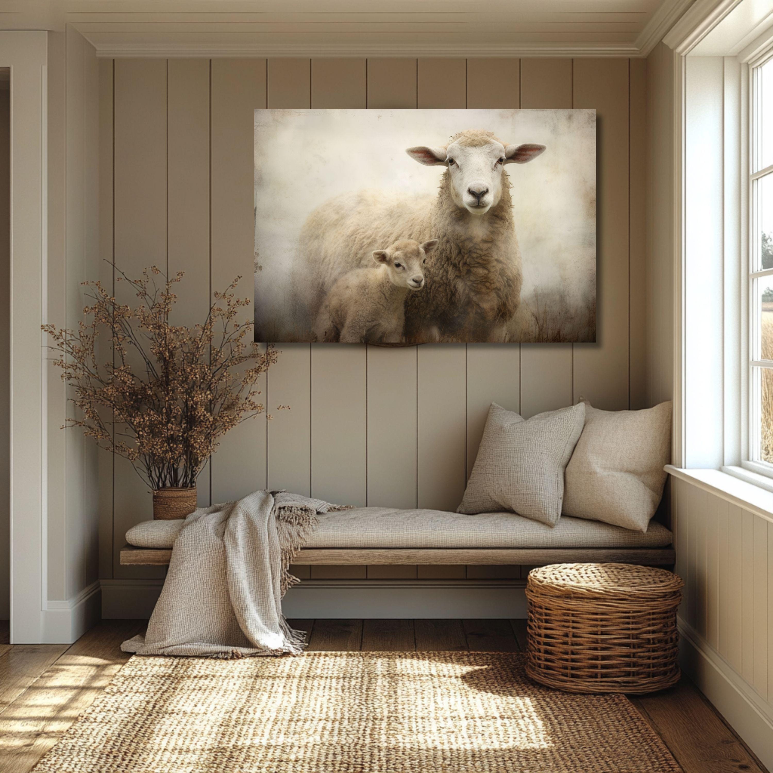 Antique Mother Sheep & Lamb II | Farmhouse Animal Art Vintage Oil ...