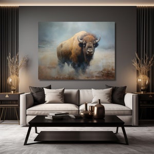 Ethereal Buffalo in Misty Field - Bison Painting - Nature-Inspired Wall Art - Canvas Gallery Wrap Print