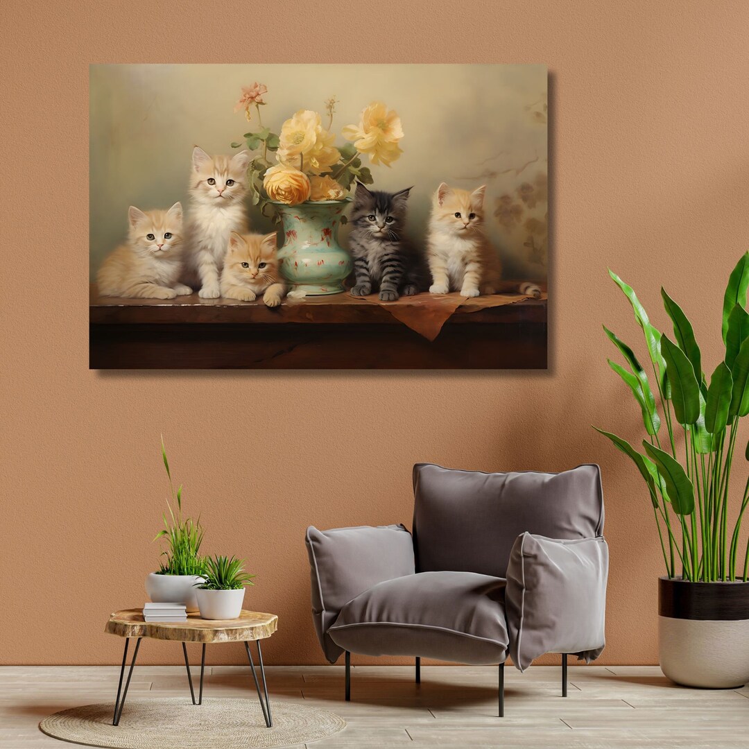 Kitten Wall Decor Vintage Cat Antique Floral Kitten Painting Canvas