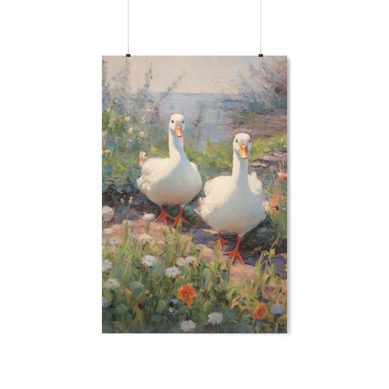 Vintage Geese Oil Painting Poster | Impressionist Field of Flowers | Nursery Wall Art Print image 4
