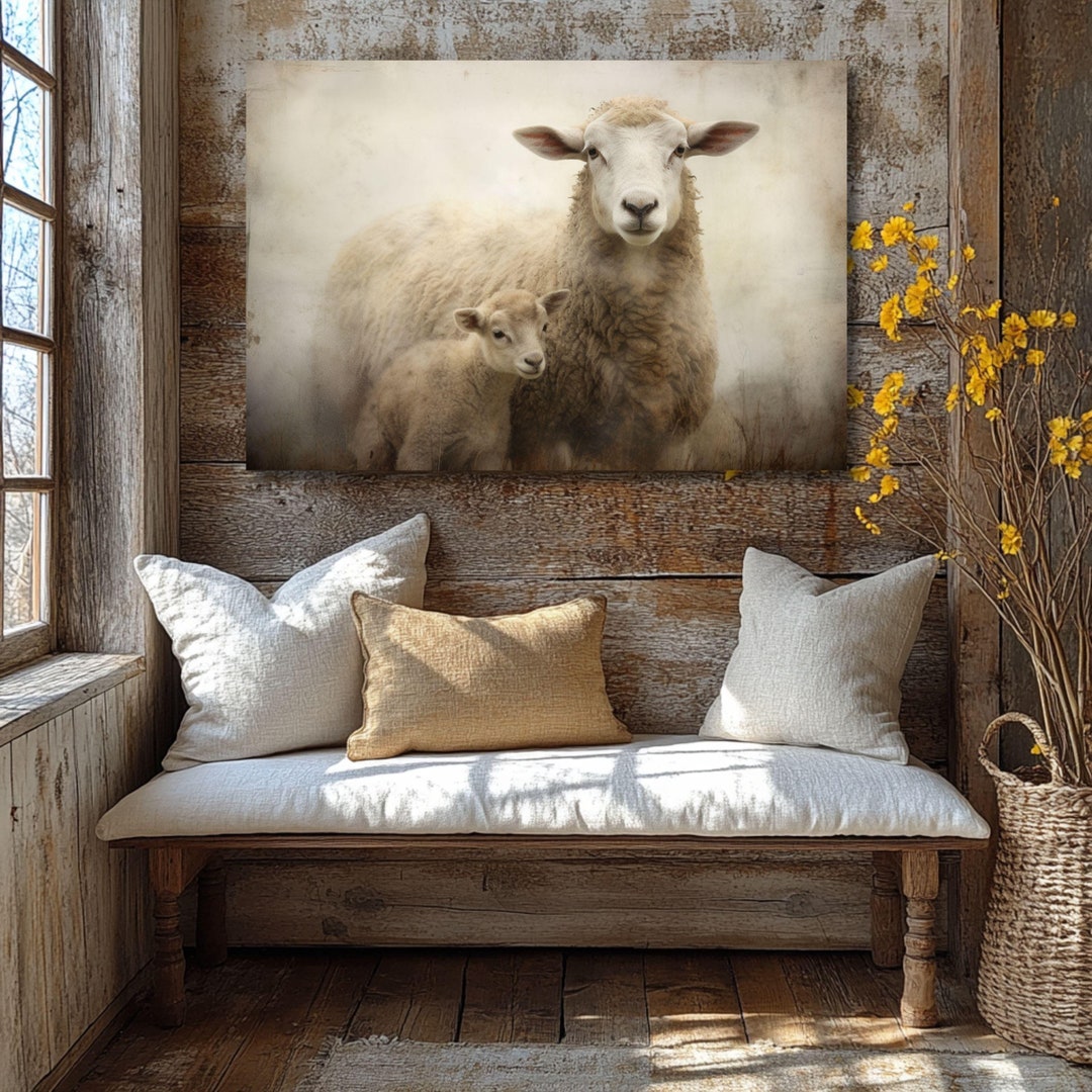 Antique Mother Sheep & Lamb II | Farmhouse Animal Art Vintage Oil ...