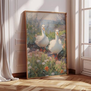 Vintage Geese Oil Painting Poster | Impressionist Field of Flowers | Nursery Wall Art Print
