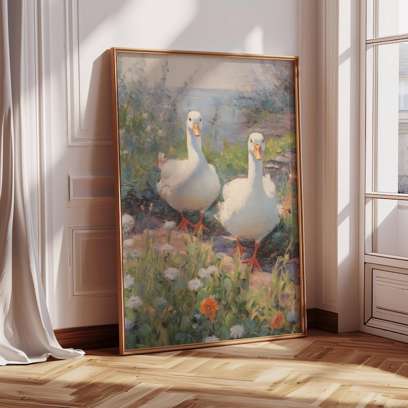 Vintage Geese Oil Painting Poster | Impressionist Field of Flowers | Nursery Wall Art Print image 1