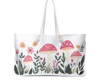 Bolso de mano de fin de semana con motivo de setas, poliéster hilado duradero, diseño de setas y hojas, bolso para viajes, playa, aventuras cotidianas
