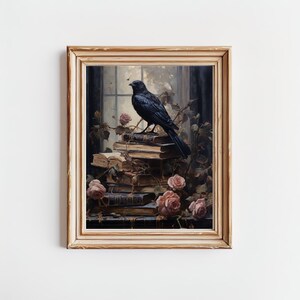 Enchanted Raven and Roses Artwork - Vintage Victorian Style Decor - Dark Academia Cottagecore Unframed Poster Print