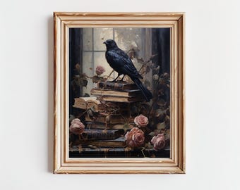 Enchanted Raven and Roses Artwork - Vintage Victorian Style Decor - Dark Academia Cottagecore Unframed Poster Print