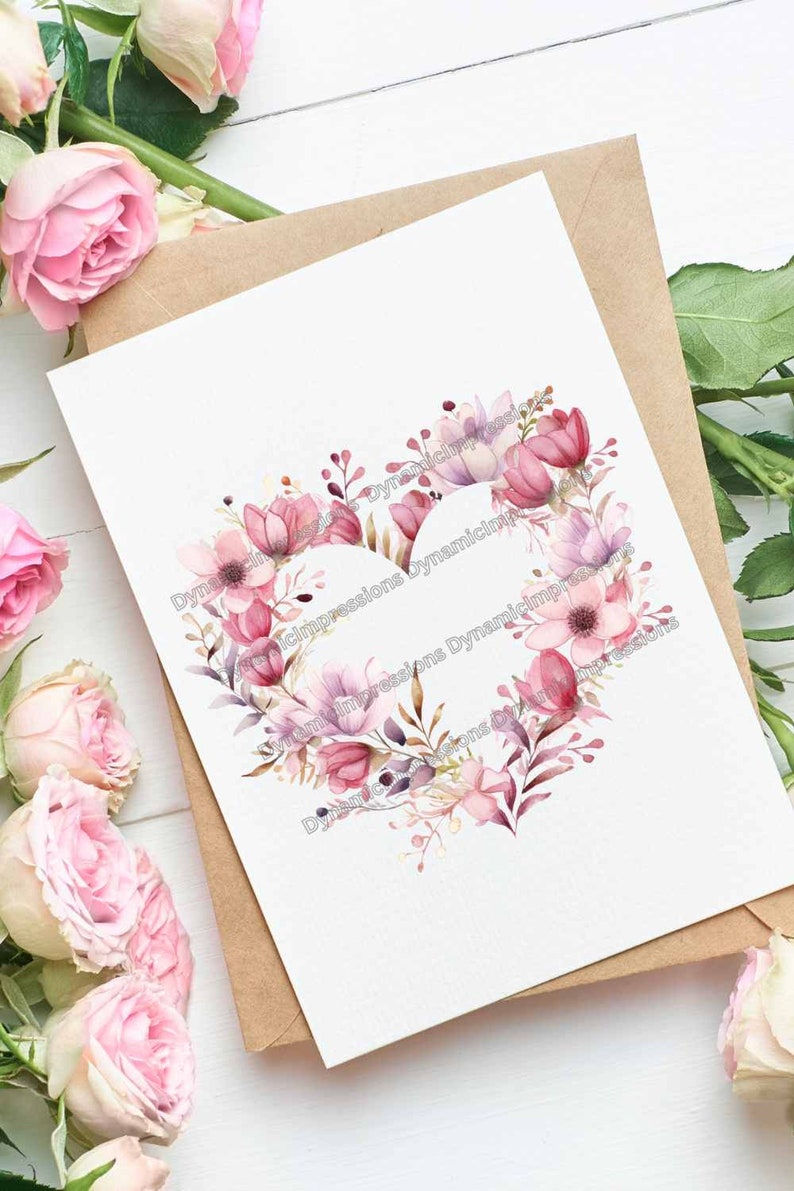 Watercolor Pink Heart Floral Heart Shaped Wreath - Wedding Clip Art DIY ...