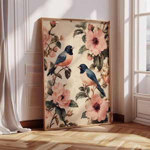 Chinoiserie Wall Art - Blue Birds in Floral Setting - Premium Matte Unframed Poster Print