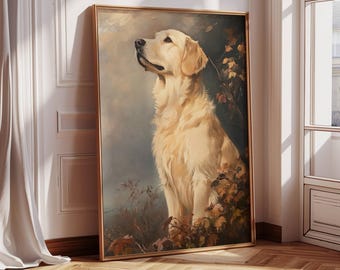 ゴールデンレトリバーのプリント：ヴィンテージの犬の油絵ウォール