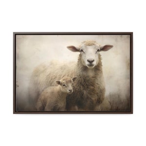 Rustic Sheep and Lamb Art | Farmhouse Animal Art Vintage Oil Painting | Framed Canvas Gallery Wrap Print