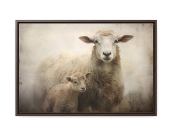 Rustic Sheep and Lamb Art | Farmhouse Animal Art Vintage Oil Painting | Framed Canvas Gallery Wrap Print