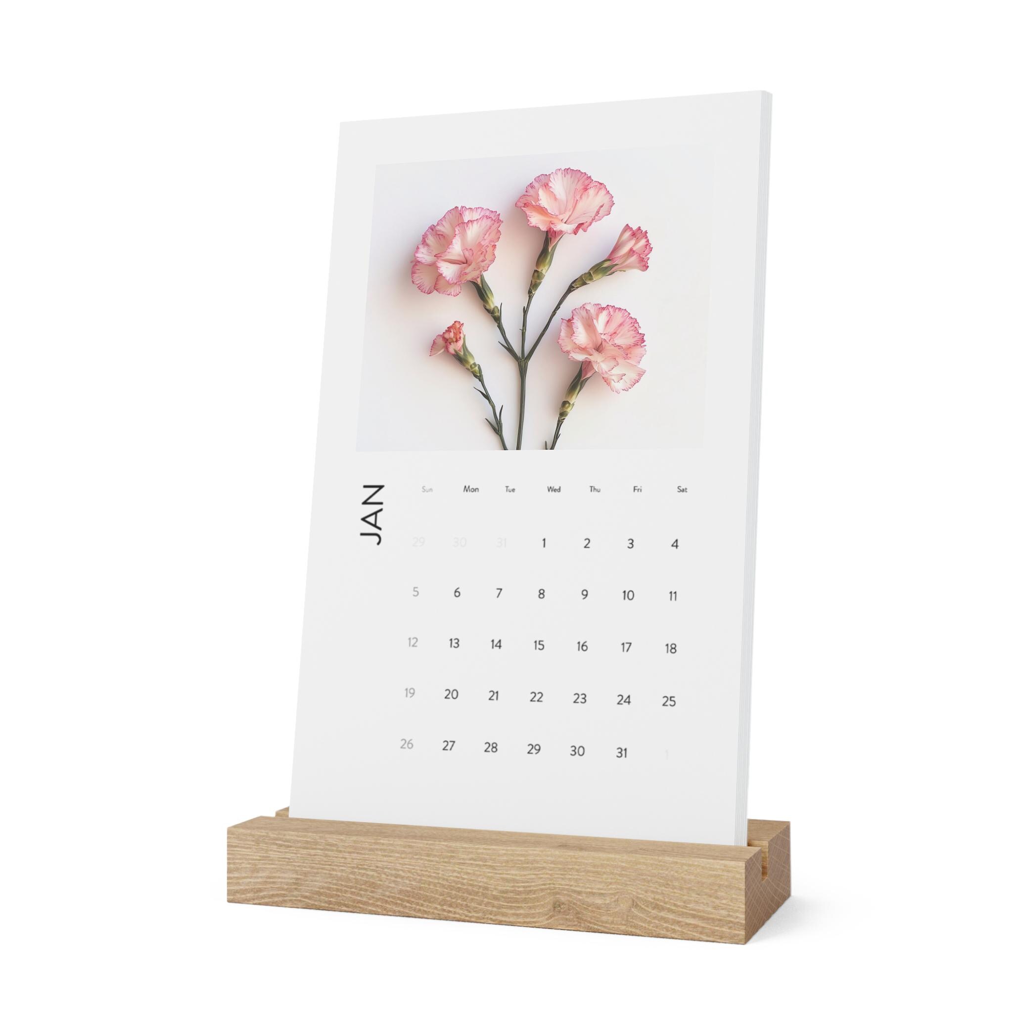 2025 Desk Calendar Birth Flower Art with Oak Wood Stand - Bright White Matte Finish - 12 Vertical Designs Featuring Monthly Botanical Art