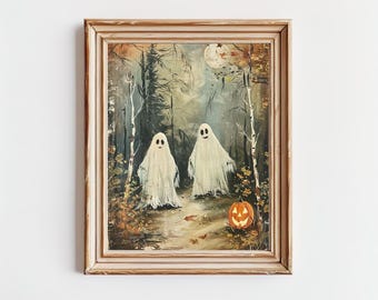 Puede incluir: Pintura enmarcada de Halloween con dos fantasmas blancos en un bosque con una calabaza tallada. La obra de arte tiene una estética vintage con una luna llena en el fondo y follaje otoñal.