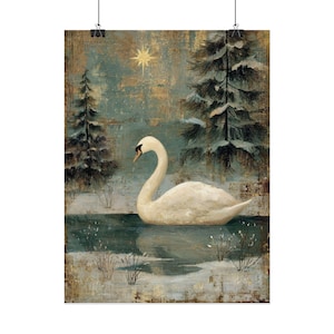 Vintage Christmas Swan Winter Holiday Wall Art Print, Rolled Poster, Antique Oil Painting Style, Snowy Scene, Unframed Decor, Frozen Lake image 7
