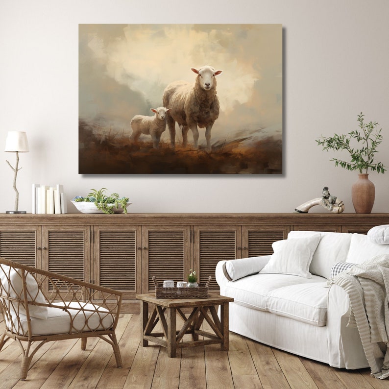 Vintage Mother Sheep & Lamb | Farmhouse Decor | Animal Art Oil Painting ...