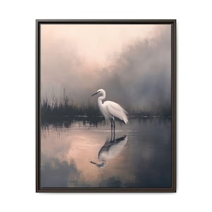 Tranquil Egret Scene Oil Painting Print - Art Print on Canvas - Framed in Espresso, Black, or White
