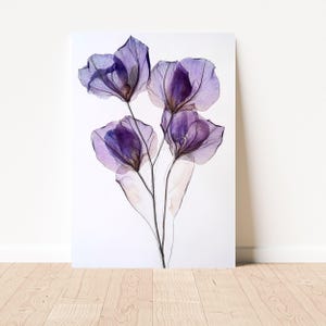 May include: A watercolor painting of a bouquet of purple flowers with translucent petals. The flowers are arranged in a vase and are set against a white background.