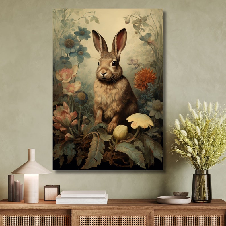 Vintage Cottagecore Enchanting Rabbit Floral Canvas Botanical Gallery ...