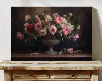 Olieverfcanvas Victoriaanse rozen - Donkere humeurige bloemenkunst