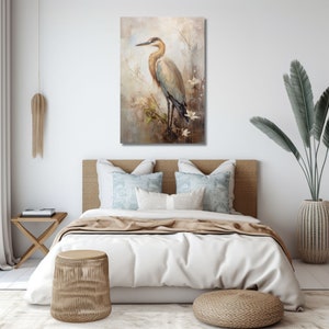 Heron Oil Painting - Nature-Inspired Home Art - Wildlife Oil Painting Print - Bird Art - Coastal Art - Neutral Canvas Gallery Wrap Print
