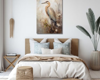 Heron Oil Painting - Nature-Inspired Home Art - Wildlife Oil Painting Print - Bird Art - Coastal Art - Neutral Canvas Gallery Wrap Print