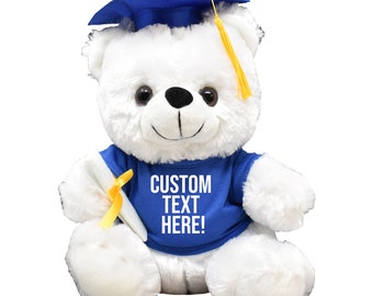 CUSTOM TEXT! Add Your Own Text 2023 Graduation Gift College Grad Nursing PHD Masters Teddy Bear Plush Stuffed Funny Blue Cap Gown Keepsake