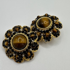 Signed Vintage Barrera Tigers and Onyx Eye Blossom Clip-on Earrings