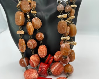 Vintage Stephen Dweck Carved Coral Scarab Necklace