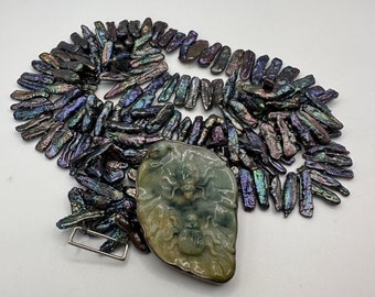 Vintage Rebecca Collins Biwa Pearl & Carved Jade Scarab Necklace