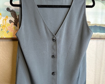 Vintage Galanos mouwloze button-down uit de jaren 90, donkergrijs, past maat 6-10, superzacht en verkoelend materiaal, in uitstekende staat.