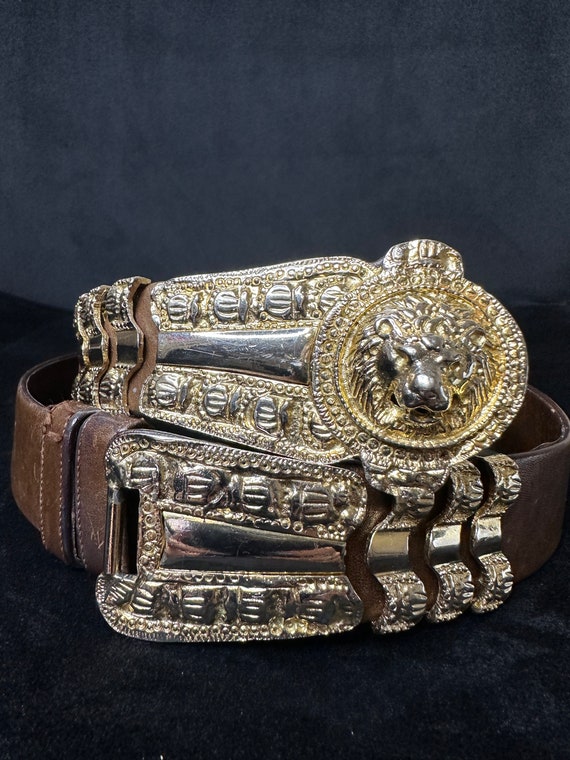 Vintage Judith Leiber Leather Belt w/ Gold Lion K… - image 1