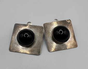 Vintage Sterling Silver Onyx Clip Earrings