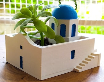 Santorini Greece Mediterranean House Planter Style 2 | Hand Painted | 3D Printed