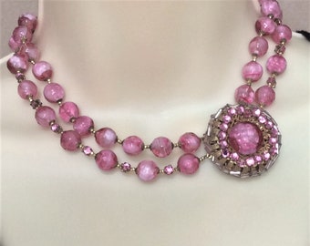 VINTAGE 70’S PINK & CLEAR CRYSTAL GLASS RHINESTONE BEAD PENDANT CHOKER NECKLACE 