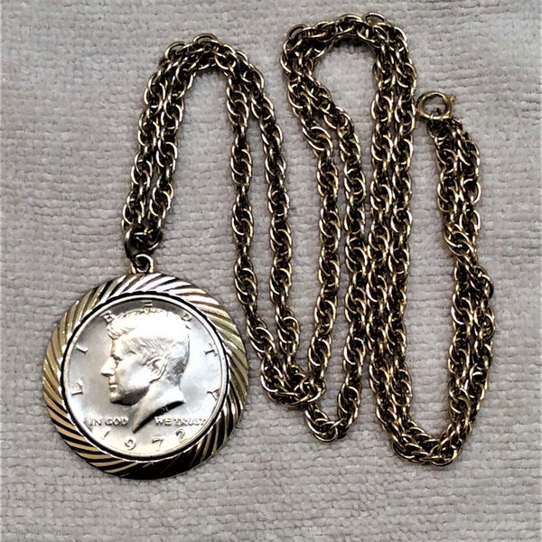 Vintage 1972 JFK Half Dollar in Gold Plated Bezel Pendant Necklace Bezel is Engraved "JFK Drill Team 72/73" Foster USA