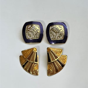 Vintage Edgar Berebi Earrings: Gold Fan & Purple Enamel, 2 Pairs