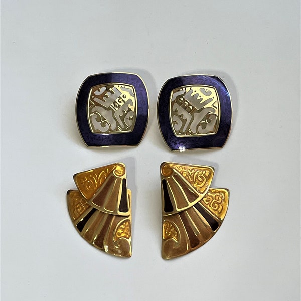 Vintage Edgar Berebi 2 Pairs of Post Earrings Double Fan Style & Purple Enamel Modern Art Laser Center Large Style 80's Earrings