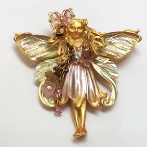 Vintage Signed Retired Kirks Folly Primrose Fairy Large Gold Tone Pendant/Brooch Fantasy Design