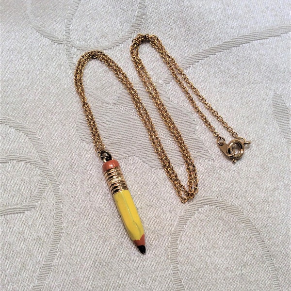 Celebrity NY Enamel Pencil Pendant Necklace Retro Nostalgic School Days Yellow Pencil