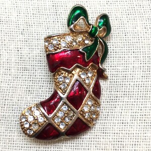 VTG Christmas Stocking Brooch Gold Tone Stocking with Red & Green Enamel Pave Set Clear Rhinestones Holiday Shimmer