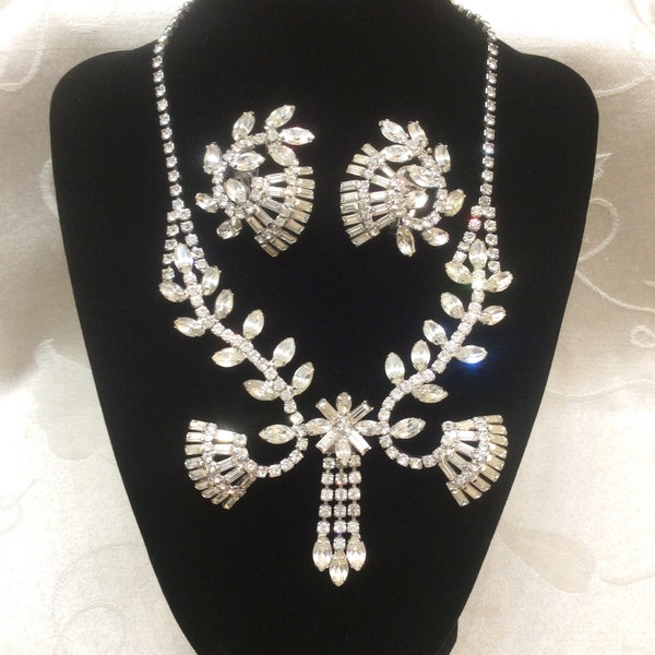 Vintage 1950's Rhinestone Necklace & Earrings Set Old Hollywood Red Carpet Glam Stunning Baguette Fan Design