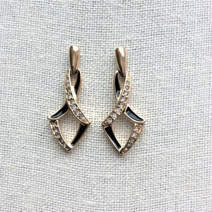 Vintage Crown Trifari Black Enamel & Rhinestones Pierced Earrings Classy 1960&#39;s Gold Tone Design