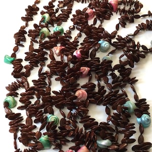 May include: A long necklace made of brown seed pods and colorful seashells. The necklace is made of many strands of seed pods, with the seashells interspersed throughout.